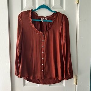 Dolan Left Coast Collection Rust Ruffle Neck Button Front Blouse | Size S